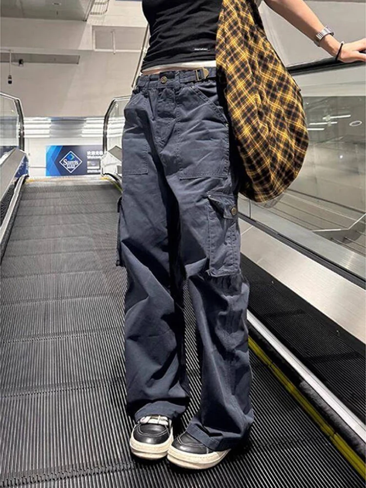 Retro American Style Men's And Women's Straight Leg Work Pants Multiple Pockets Trendy Brand Casual Pants in Dark Blue