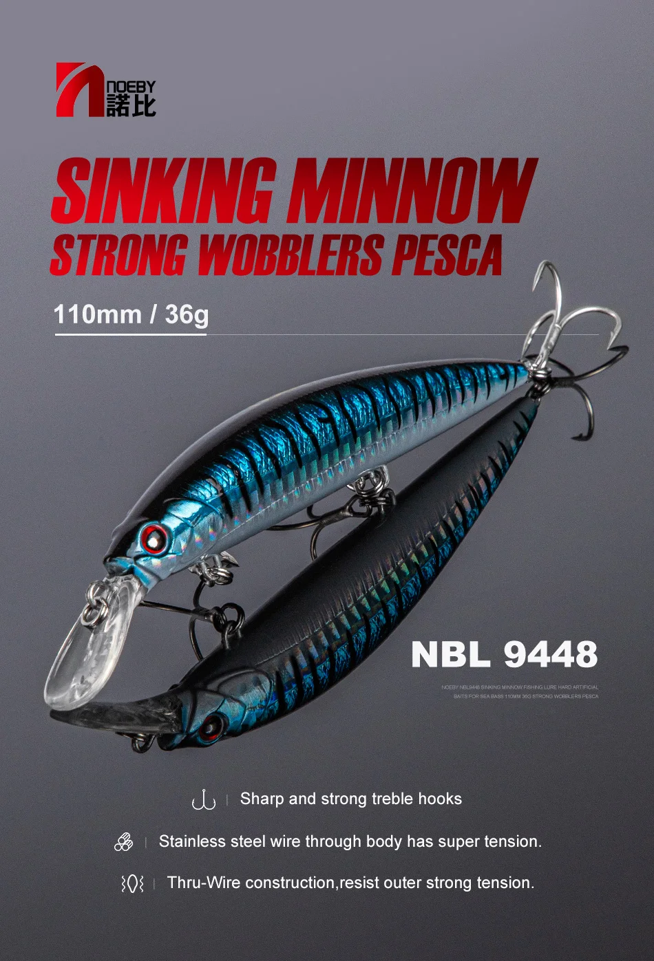 NOEBY 3-teiliges Sinkendes Minnow-Köder-Set 110mm 36g 0,2-3m Tauchtiefe Jerkbait Harter Köder für Wolfsbarsch und Hechtangeln – Detail 1