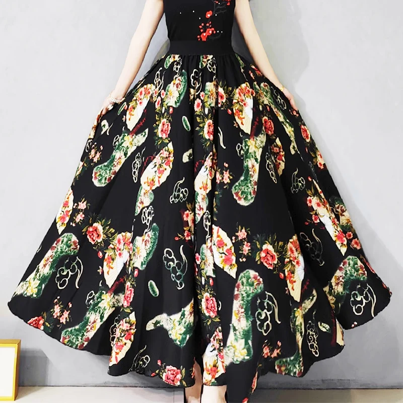 Female Chiffon Black flower Pattern Big Hem long skirt 2024 Summer FULL CIRCLE 720 Degree Elegant women's skirts Maxi Skirts