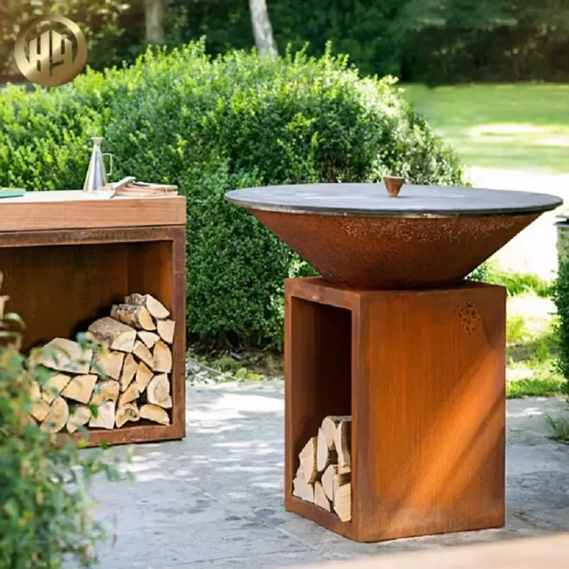 Outdoor Heating Corten Steel Round Fire Pit with Rusty Finish Heat-Resistant 2mm Thick Firewood Storage Wood Burning Hao Yang view 5