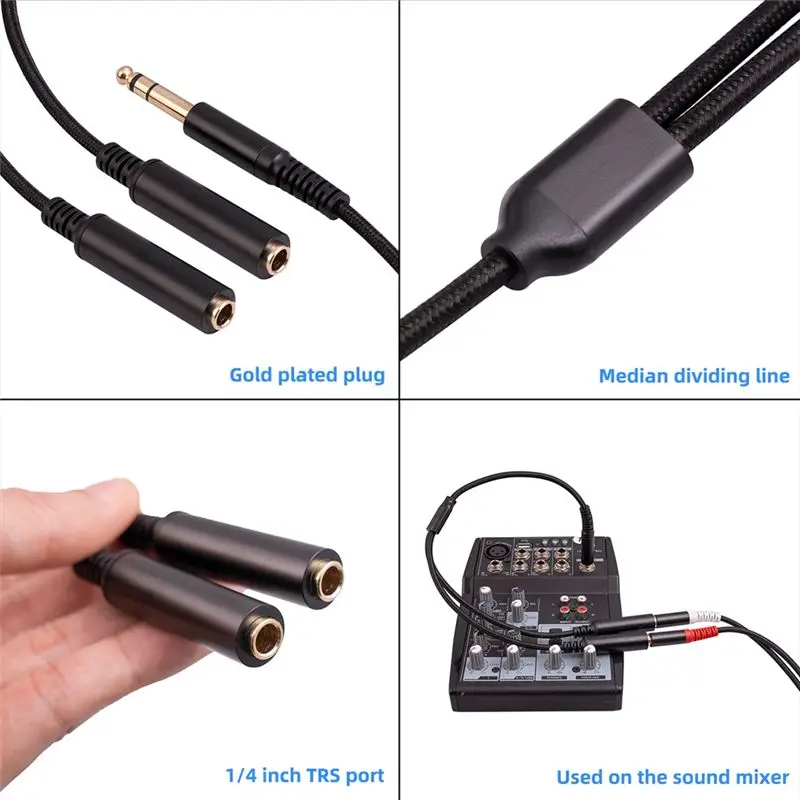 DT51 6.35mm Male to 2 Female Audio Y Splitter Cable, 1/4 TRS Stereo Audio Adapter Cord for Mixer Guitar Amplifier