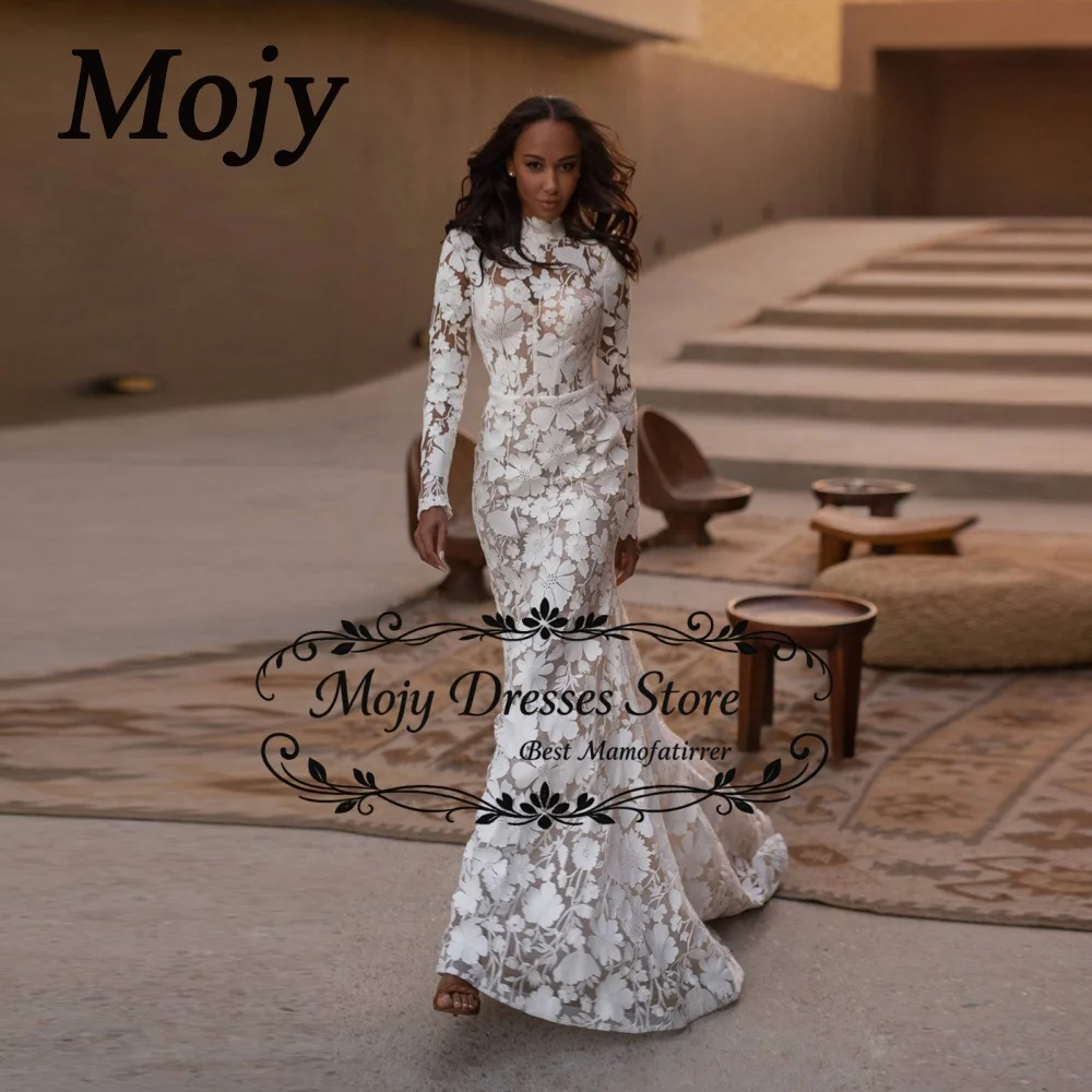 Mojy 2026 Customized Ivory High Neck Lace Appliques Wedding Dress Long Sleeves Mermaid vestidos de noche Formal Evening