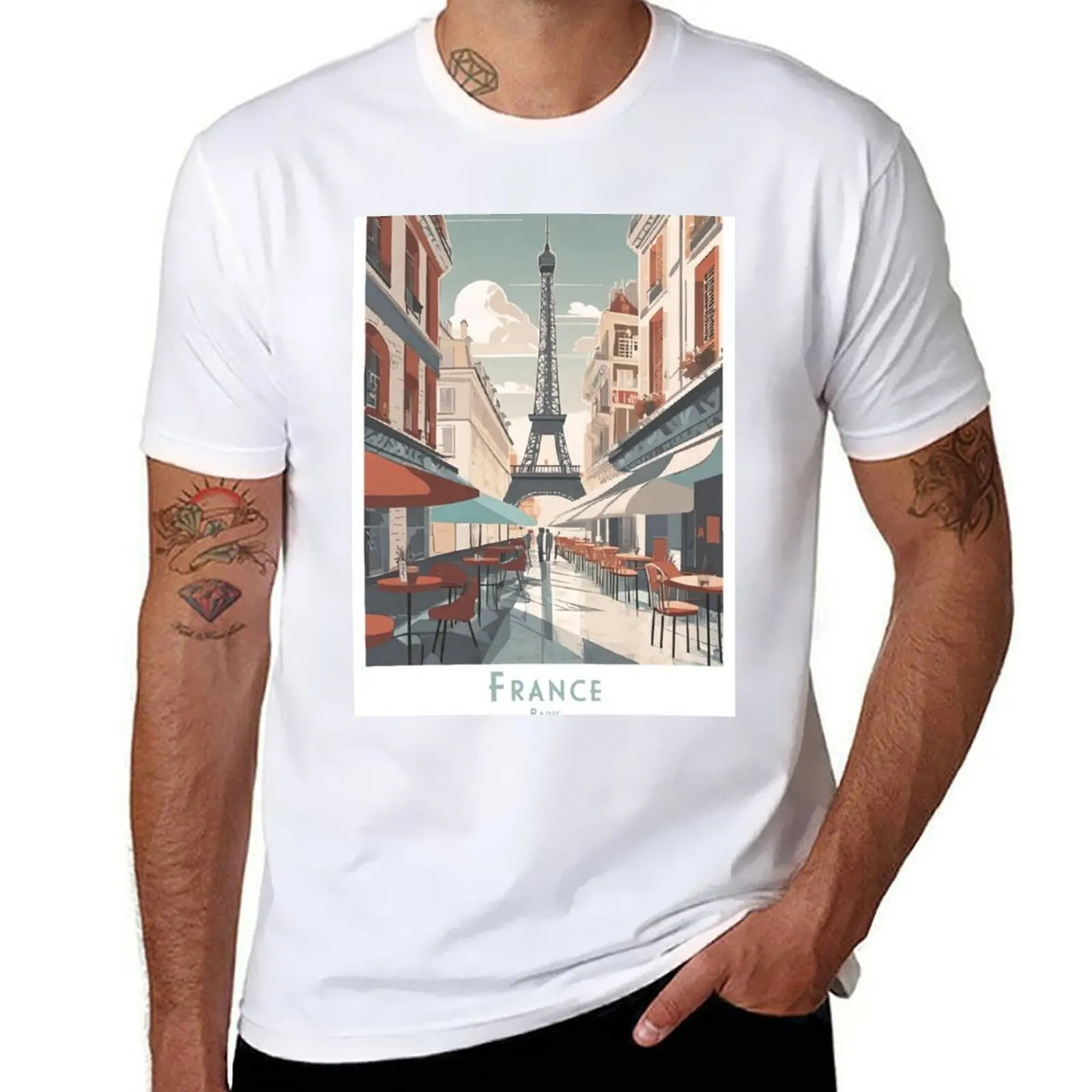 

Vintage Minimal Retro Travel Poster Street Cafe Eiffel Tower Paris France T-Shirt man t shirt summer funny t shirts man T-Shirt