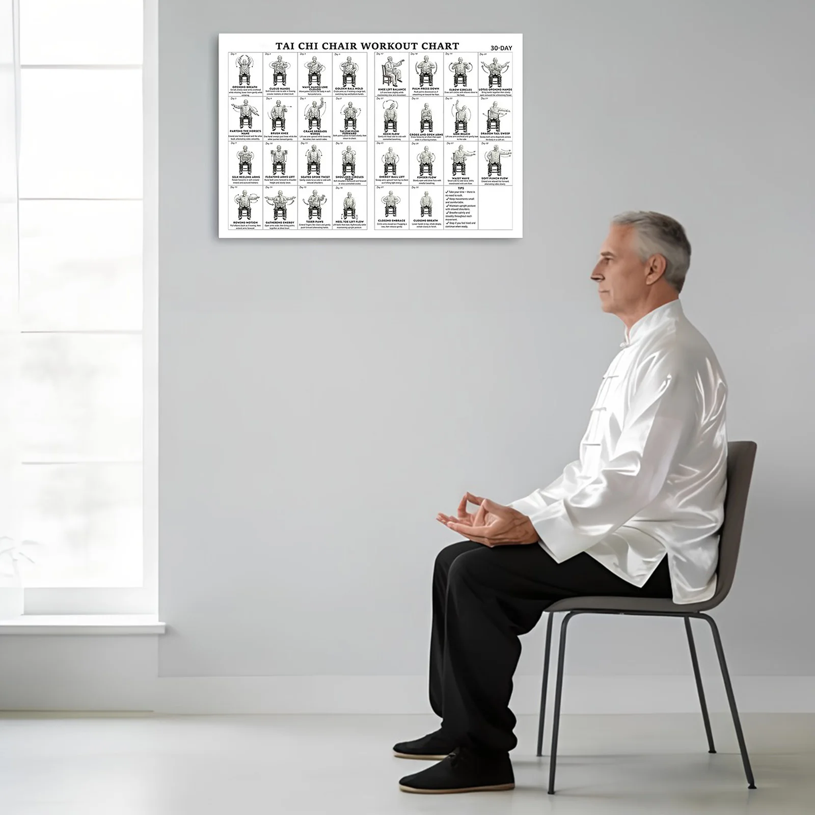 30 x 45 cm Leinwand Tai Chi Stuhl Übungsdiagramm Poster Trainings- und Übungsplaner Poster Stuhl Yoga Diagramm Poster Druck