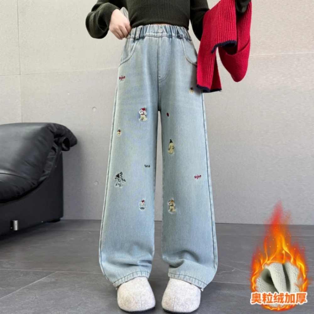 جينز جينز مطرز برسوم كارتونية للفتيات المراهقات، سروال مستقيم من قماش الدنيم مبطن بالصوف، سروال طويل من قماش الدنيم العتيق المغسول لفصل الشتاء #2