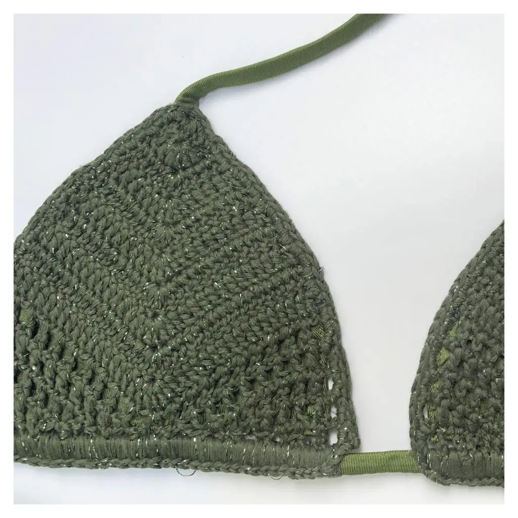 Handmade Crochet Women Sexy Bikini Sets Adjustable Top Fringed Lace-up Swimwear Cotton with Lurex Swimsuits