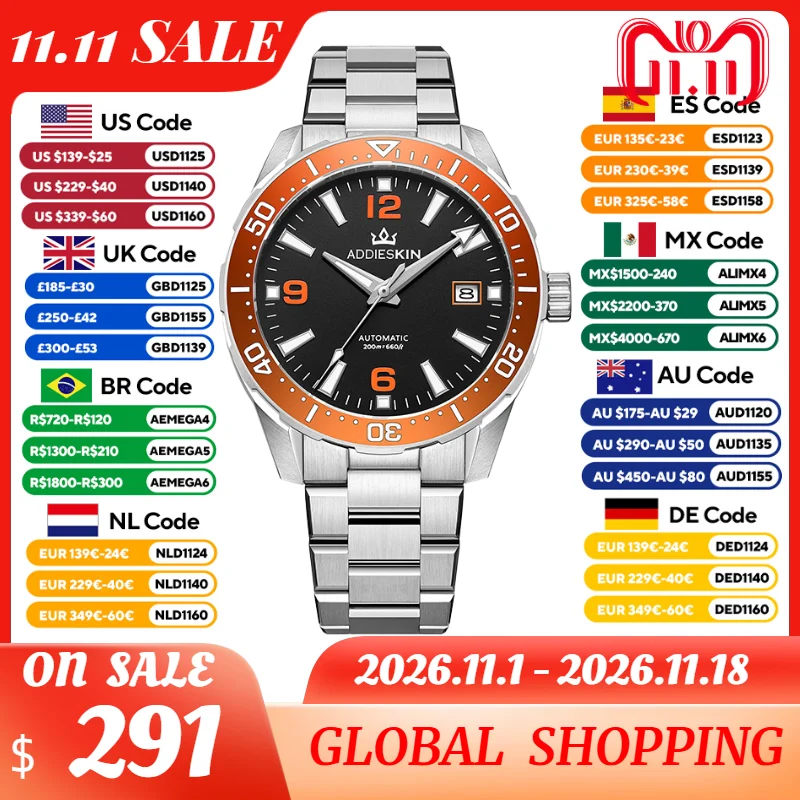 AddiesKin K009Automatic Watch Miyota 9015 11.5mm Case Raised Arabic Number Dial Ceramic Bezel BGW9 Luminous Sapphire Crystal
