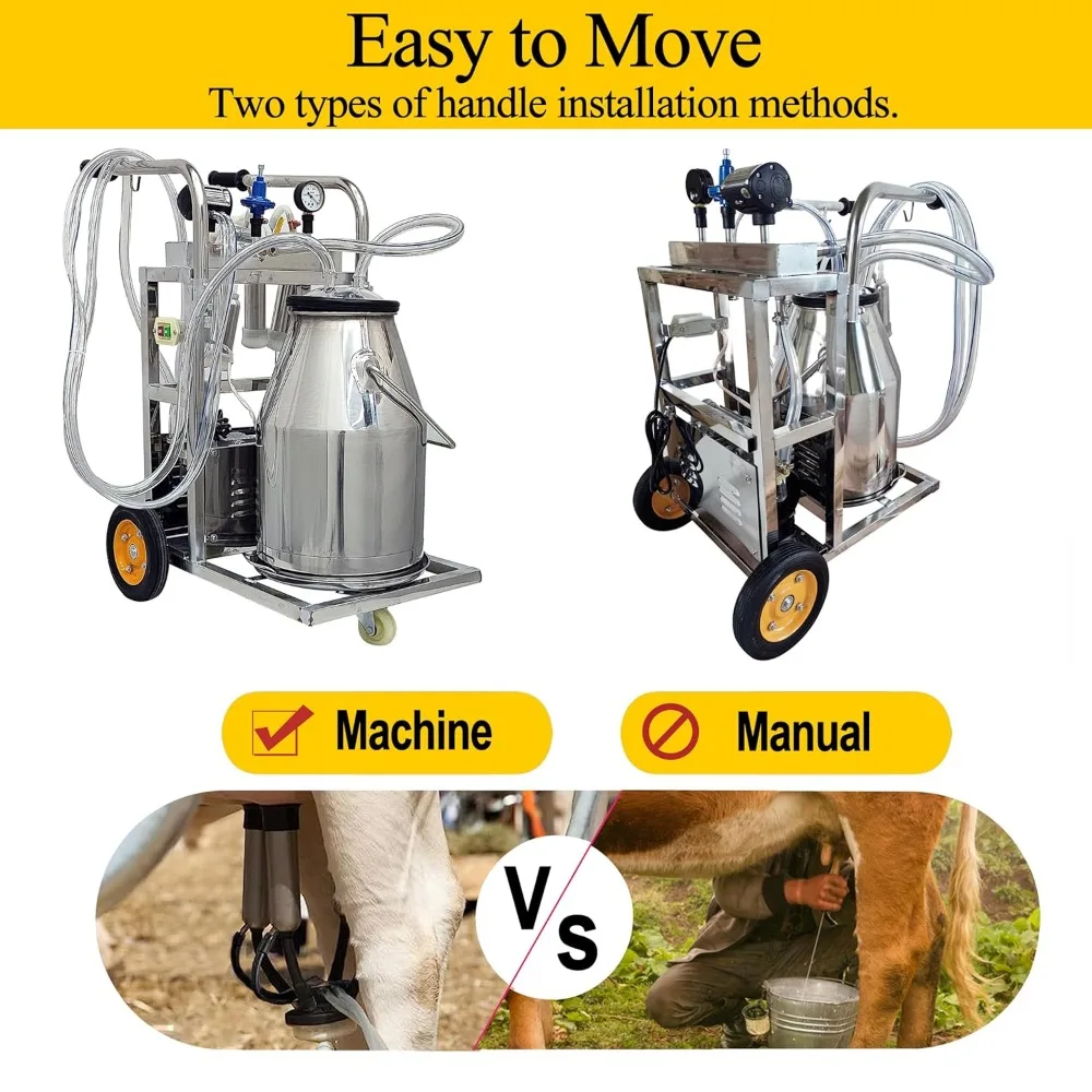 Milking Machine, Oil-Free Vacuum Pump Milking Equipment, 304 Stainless Steel Bucket Single and Cleaning Brush, Milk Pump, 25L