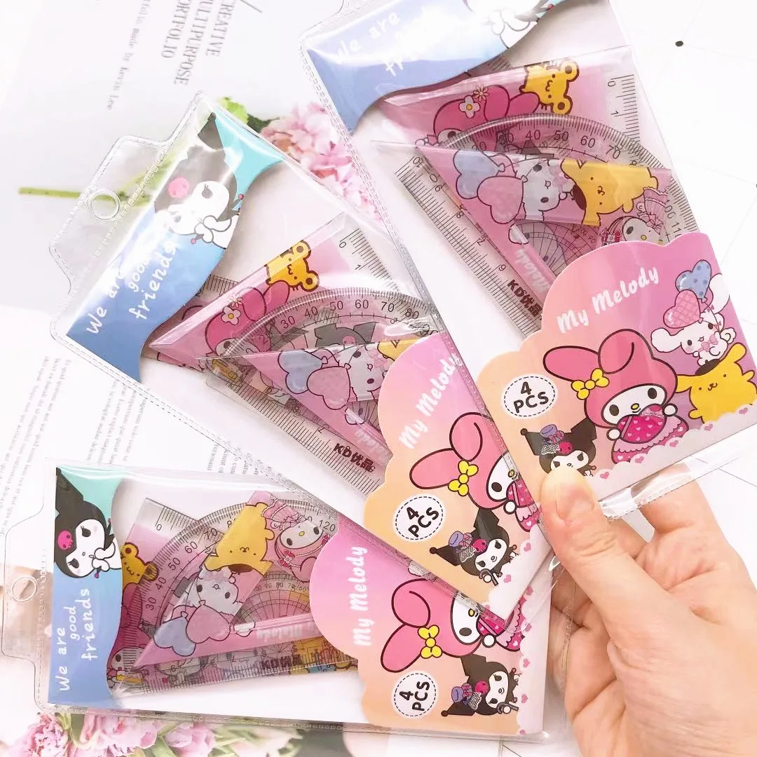 MINISO Cartoon Student Ruler 4 Piece Set Kawaii My Melody Kuromi Triangular Plate Protractor Measuring Ruler Stationery Set