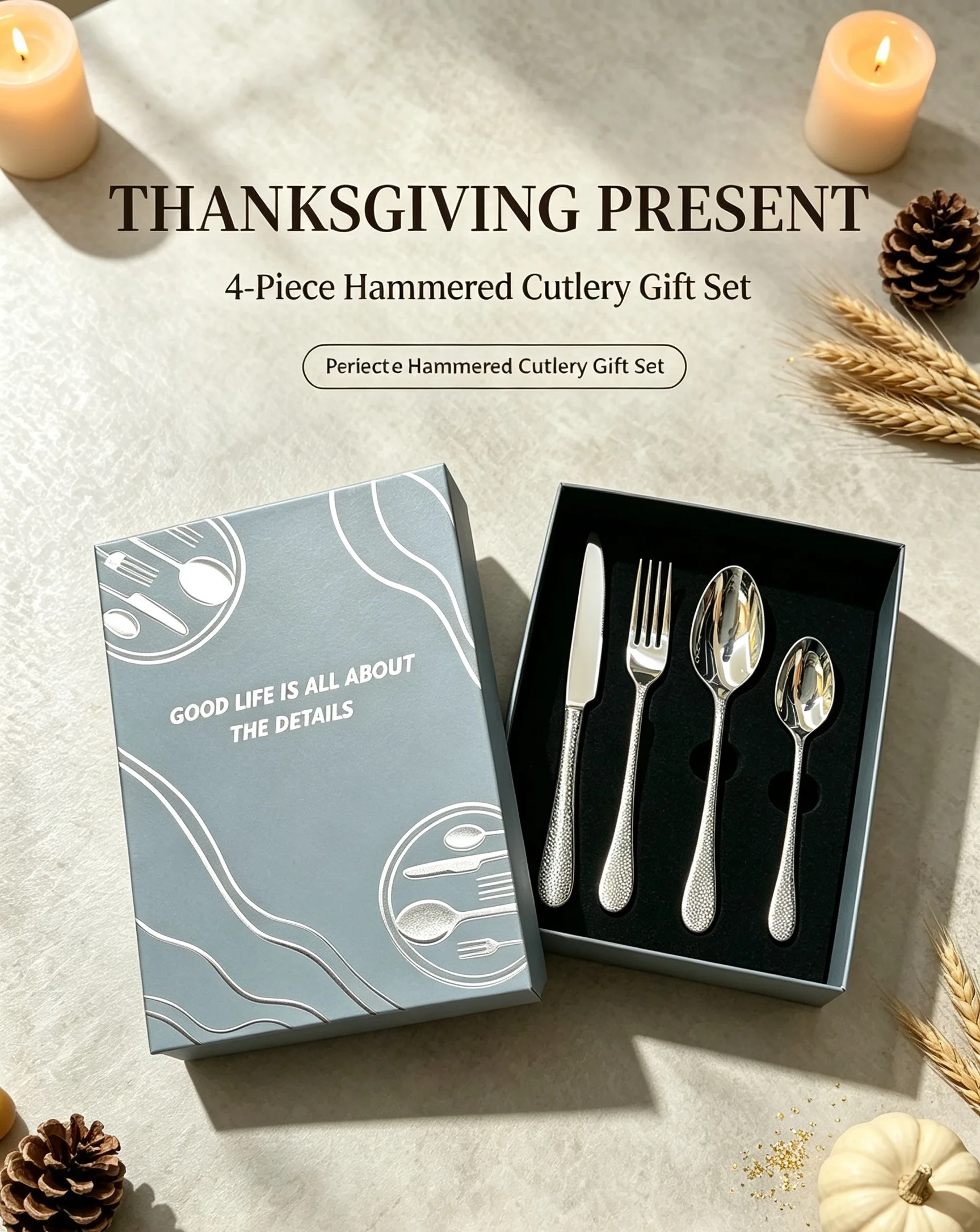 Elegant 4‑Piece Hammer Smooth Handle Cutlery Gift Set, 420/304 Stainless Steel Home Dinner Tableware
