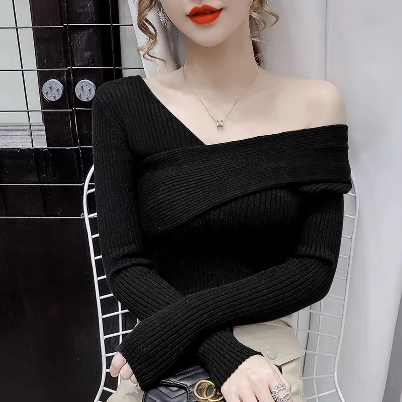 

Ladies OL Fashion Tops 2022 Women Asymmetrical Skew Collar Pullover Sweater Casual Woman Clothes Female Girls Cute Sweaters 2