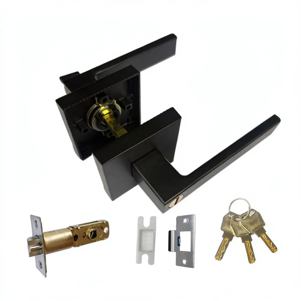 Modern Black Door Lever Lock Set American Three Pole Design For Indoor Wooden Doors Sturdy Mechanical Latch Hardware