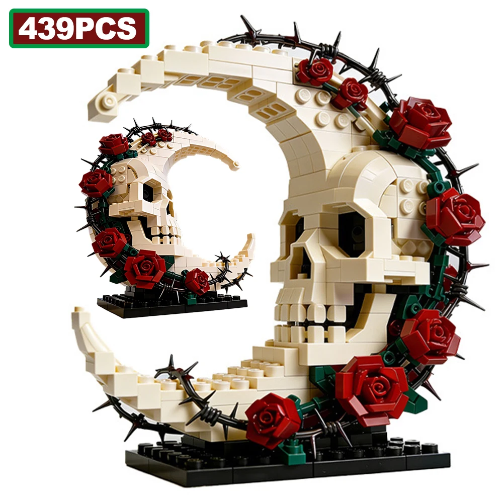 

Набор строительных блоков Moc Dark Moon Skull Flower, 439 деталей, модель для сборки, украшение для дома, коллекционные строительные блоки для детей, подарки