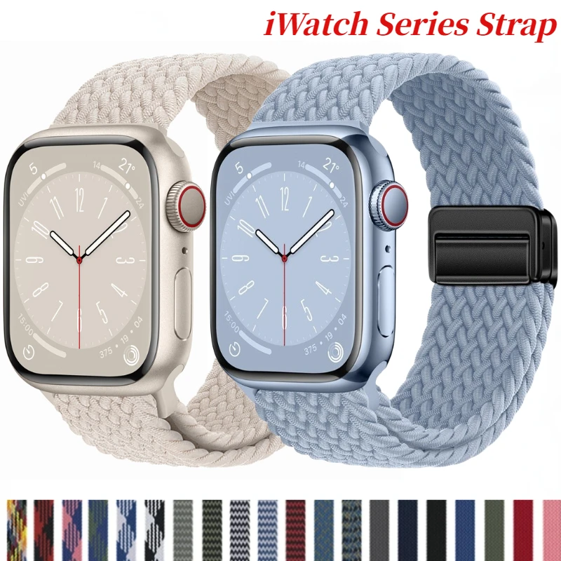 Braided Loop Nylon Strap For Apple Watch 9 8 7 45mm 41mm Ultra 2 49mm Metal Magnetic Bracelet iWatch 6 5 4 3 SE2 44mm 40mm Band