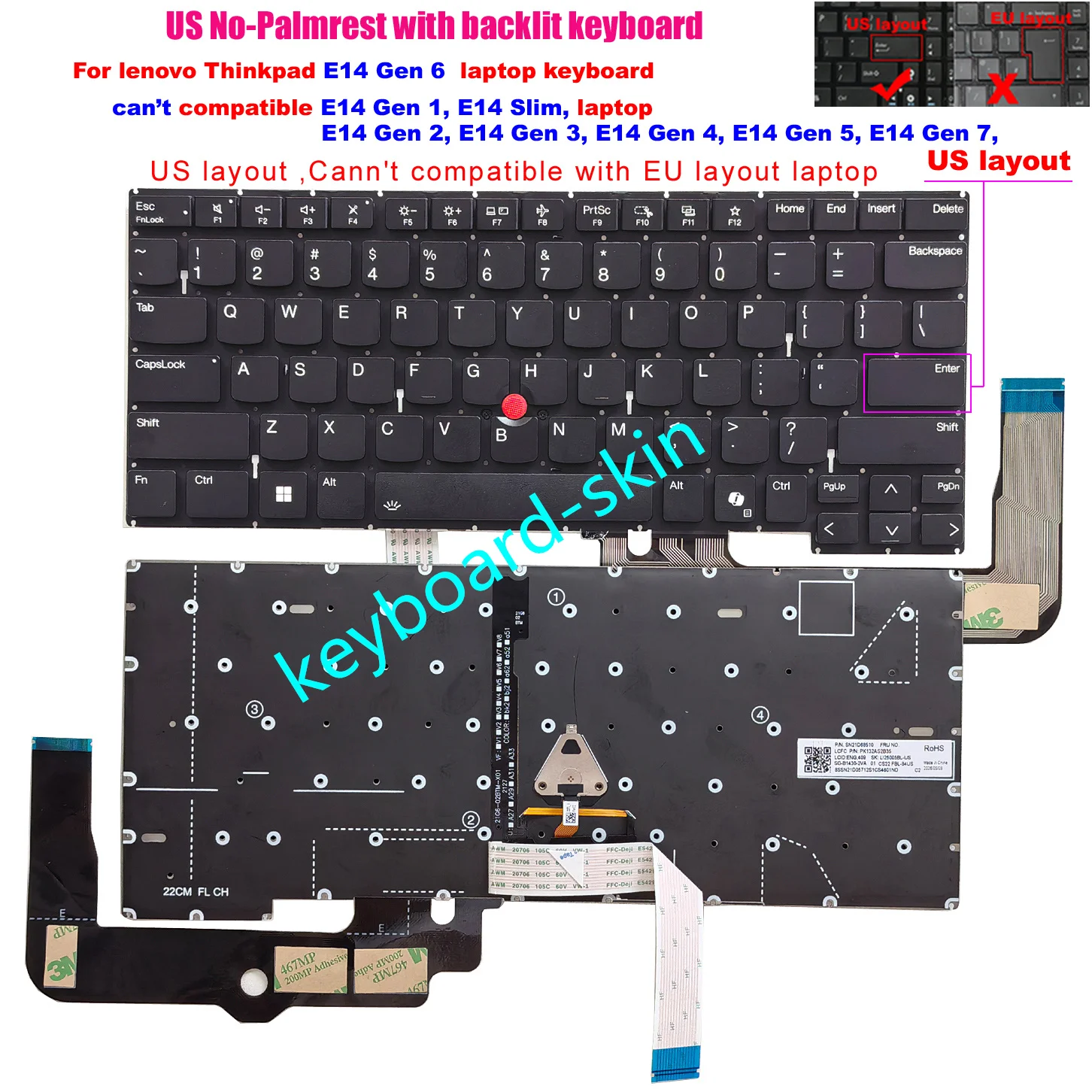 Teclado retroiluminado estadounidense para portátil Lenovo IBM Thinkpad E14 Gen 6 Tipo 21M3 21M7 (no compatible con E14 Gen 1/Gen 2/Gen 3/Gen 4/Gen 5/Gen 7)