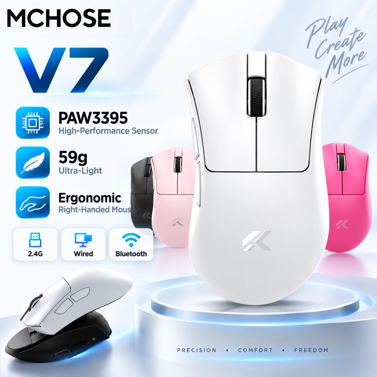 MCHOSE V7 Wireless Gaming Mouse Mouse PAW3395 Sensor Low Latency Suitable for Medium to Large Hands 59g Tri-mode Office Mouse