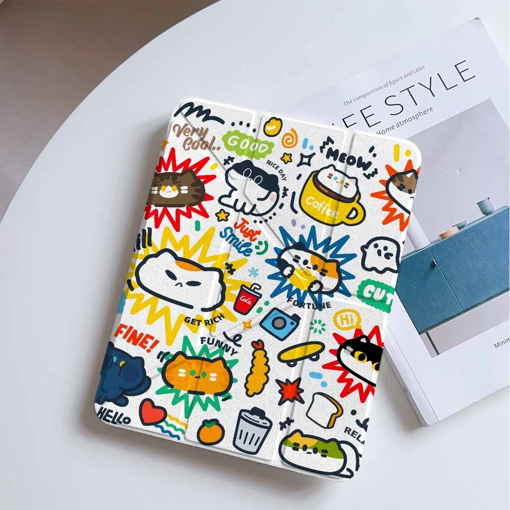 Cute Doodle Cat Pattern For Samsung Galaxy Tab A8 A9 A11 S6 S7 S8 S9 S10 FE Plus Lite Protective With Pen Slot Tablet Case