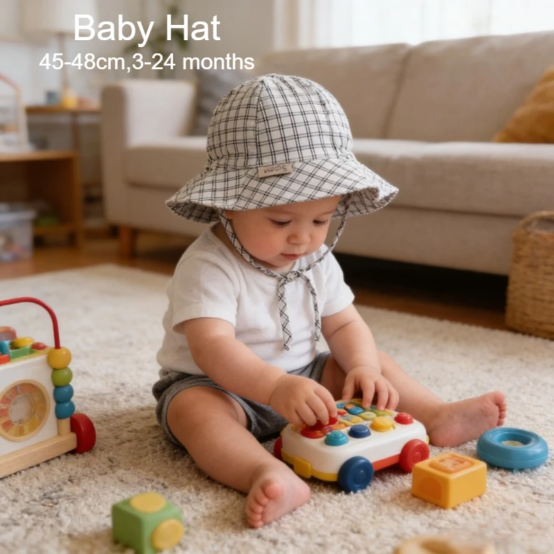 Boy Sun Hat 45-48cm 0-24 Months Baby Striped Cap Girl Solid Sunscreen Hat Cotton Caps Kid Grid Cotton Windproof Hats image 2