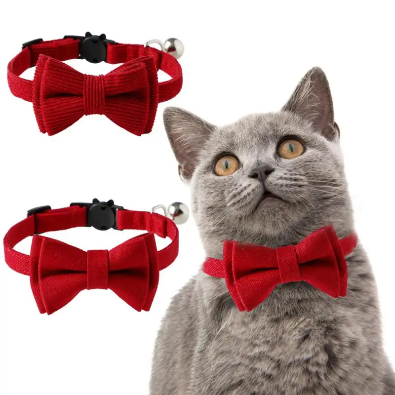 1PC Suede Bow Collar Solid Color Bowknot Puppy Chihuahua Adjustable Cats Accessories Safety Bell Tie Bow Buckle Pets with Collar