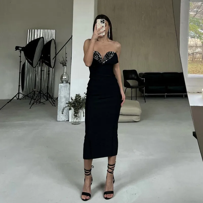 

Black Color Women Sexy Strapless Sequins Bodycon Bandage Mid-calf Dress Elegant Evening Party Dress 2023 New Arrival