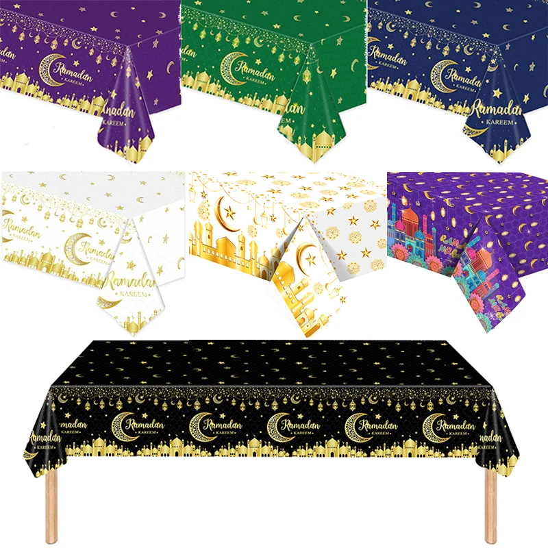 Ramadan Mubarak Disposable Tablecloth Gold Star Moon Mosque Pattern Waterproof Tablecloth Eid Mubarak Party Dinner Table Decor