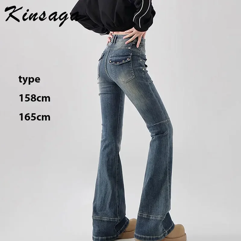 Kinsaga Vintage Blue Skinny Boot Cut Jeans Women Korean Fashion Stretchy Rivet Wide Leg Mopping Denim Pants Horseshoe Trousers