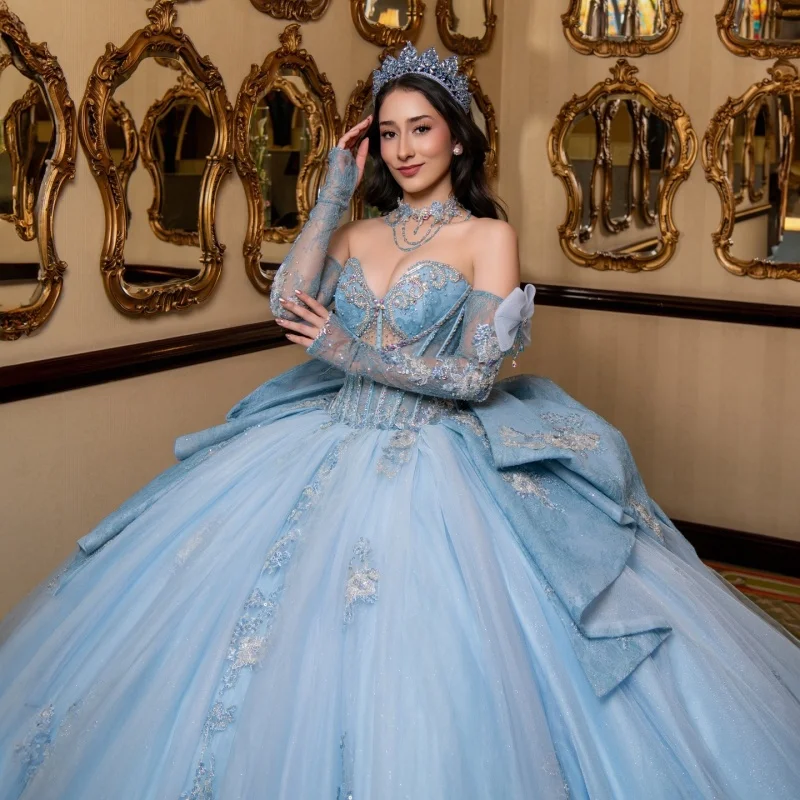 

Blue Quinceanera Dresses Off the Shoulder Sequin Crystal Decal 3D Flower Long tail Bow Vestido De 15 Quinceanera Customize