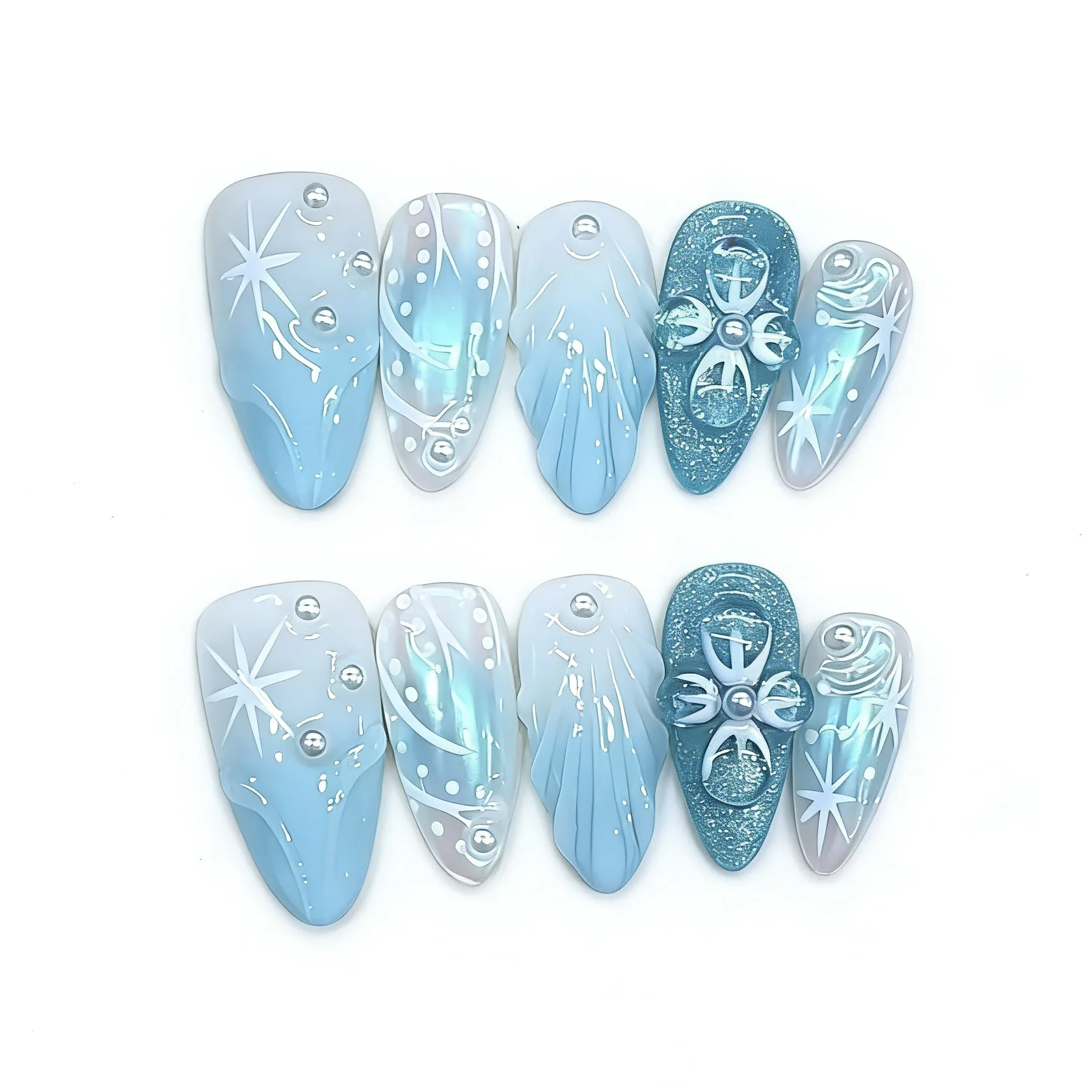 

10pcs Handmade Press on Nails Ocean Blue Almond Fake Nail Tips Pearl Flower Decor Artifical False Nail Aurora Design Manicure