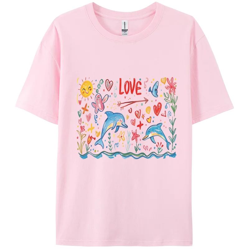 100% Cotton Dolphin Stick Figure Print Women's T-Shirt Loose Short Sleeve Y2K 2024 Summer Student Affordable Cute Design Top