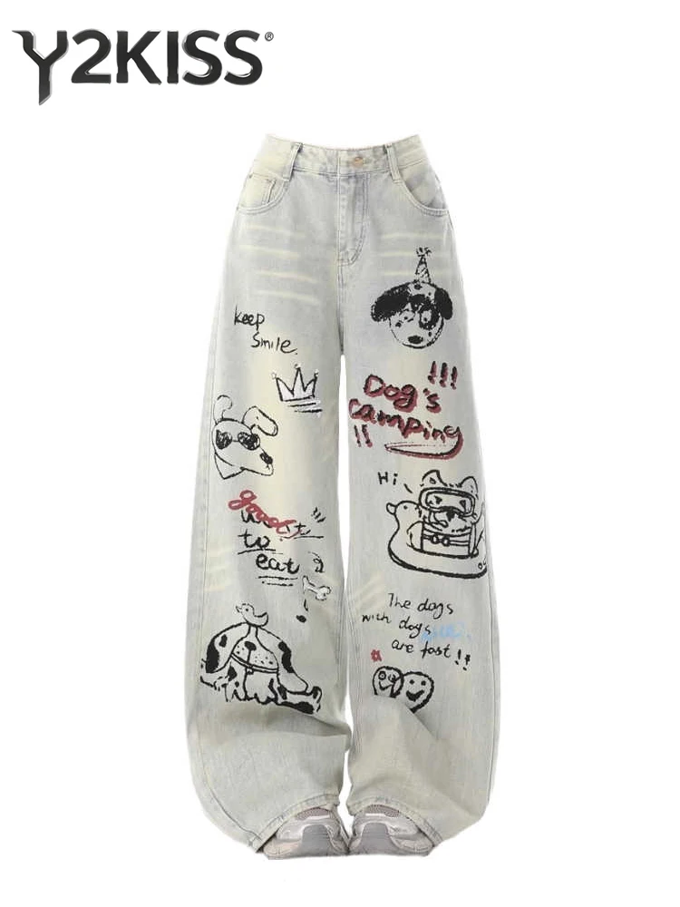 

Women's Baggy Jean Grunge High Street Y2k Japanese Wide Fit 2000s Hip-pop Print Denim Pants Long Trousers Harajuku New In Korean