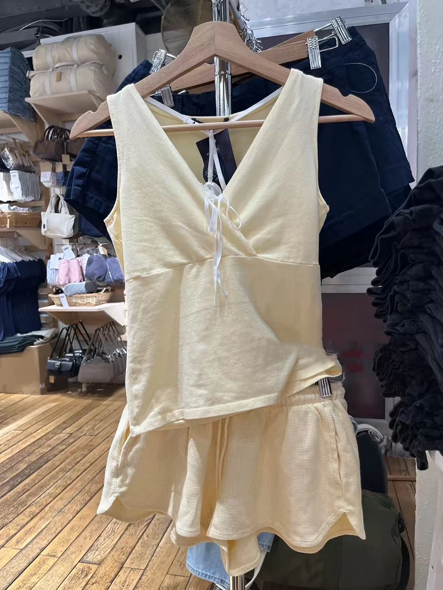 วาฟเฟิลสีเหลืองหลวมกางเกงขาสั้นผู้หญิงฤดูร้อนใหม่ Casual Drawstring Elastic High เอวกีฬาสั้นหวาน CutePreppy สไตล์สั้นกางเกง