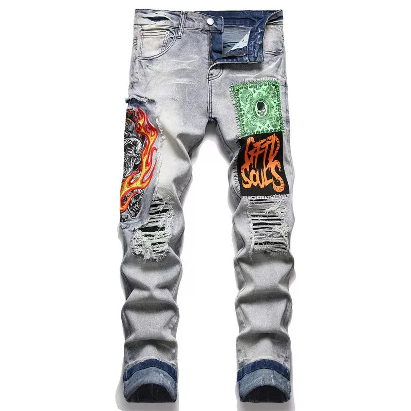 EH·MD® Color-Painted Graffiti Jeans Men Torn Elastic Slim Embroidered Trousers Leather Label Spot Pleated Patchwork Scratch Art2