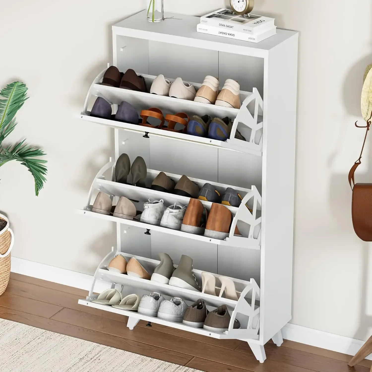 

A Adjustable Shelves Slim Natural Rattan Wood Freestanding Shoe Rack Storage Organizer Shoe Cabinet