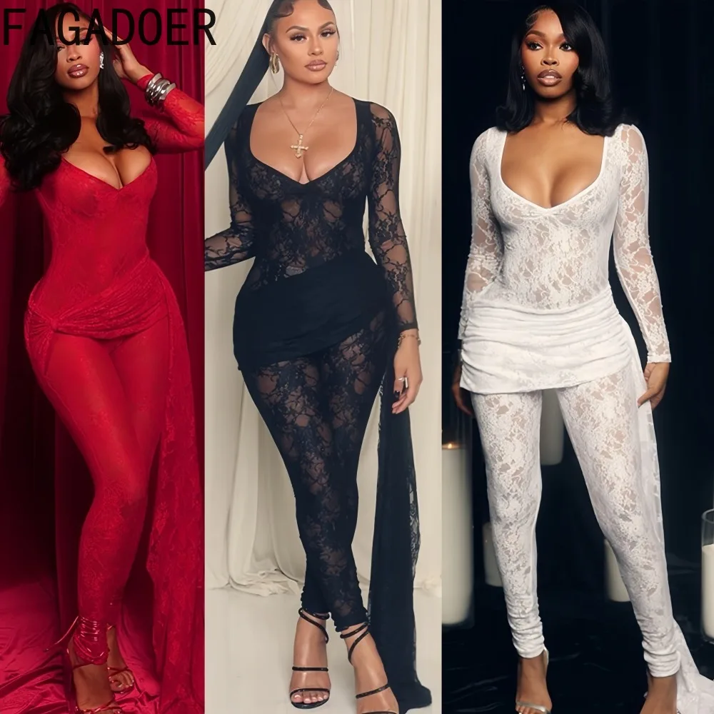 

FAGADOER Sexy Lace See Through Patchwork for Woman Deep V-neck Long Sleeves Tassel Rompers Female Party Clubwear Overalls New