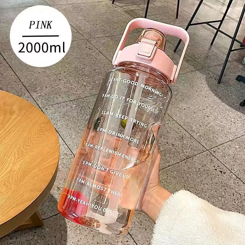 2 Liters Straw Plastic Water Bottle Large Portable Travel Bottle Sports Fitness Cup High Value Big Fat Cup Adult Universal