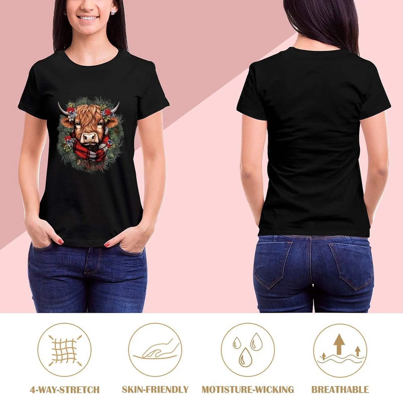 Highland Cow Wearing Buffalo Red Plaid Scarf Lovely Cow Farm Animal Lover Graphic Shirt Casual Short Sleeved Female Tee T-Shirt