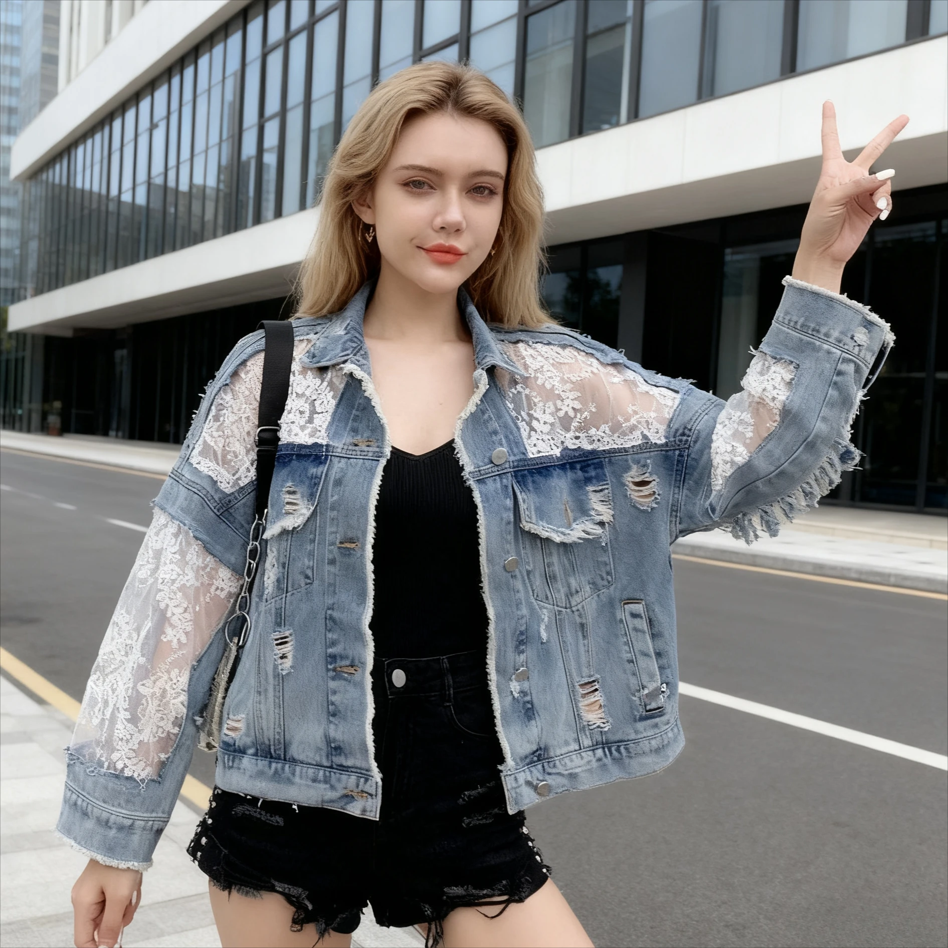 

Women Lace Cotton Denim Coat Work Spring Autumn Ropa Cardigan Jeans Maxi Punk Gothic Bomber Jacket Windbreaker Y2k Jackets