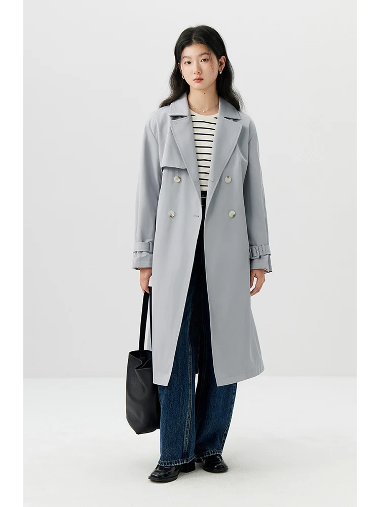 ZIQIAO Simple Double Breasted Long Straight Spring Trench Raglan Sleeve Turn-down Collar Female Blue Grey Trench Coat 24ZQ91232