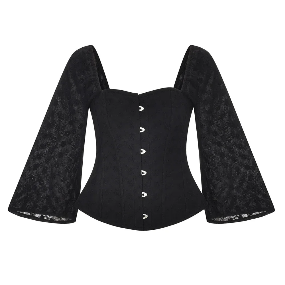 

Women Vintage Overbust Corset Tops Gothic Victorian Brocade Long Sleeves Lace Jacquard Floral Bustier Burlesque Sexy Korset
