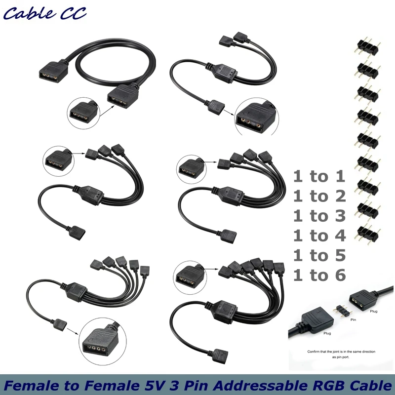 1 to 1/2/3/4/5/6 5V 3-Pin RGB Female to Female Splitters, with A Single Expansion and Connection to Its ARGB LED Or ARGB Fan.