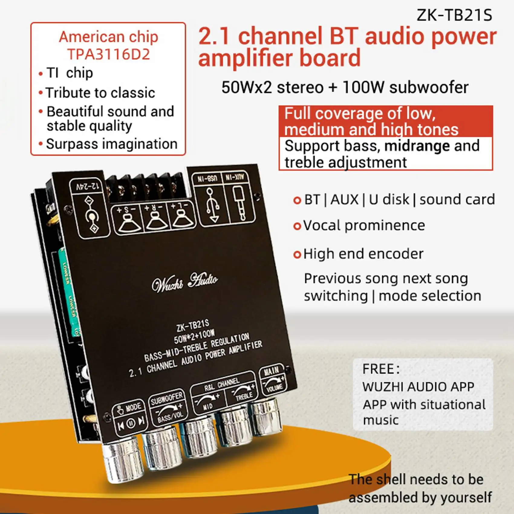 Placa amplificadora de receptor de Audio estéreo, módulo Amp de 5,1 canales para altavoces TPA3116D2 50Wx2 + 2,1 W, Bluetooth 100, ZK-TB21S