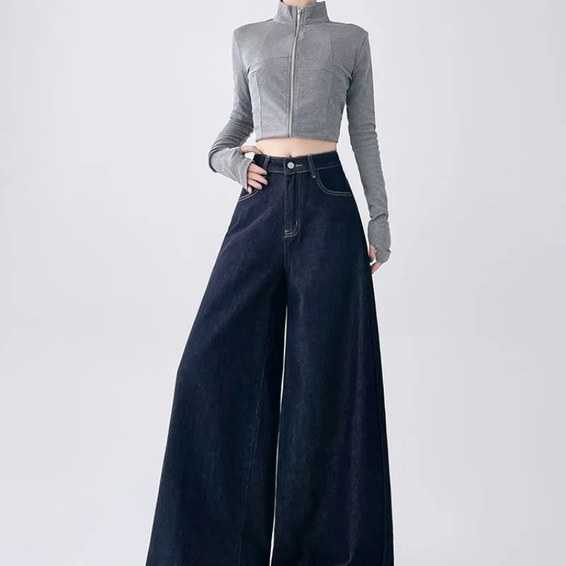 Retro-Hose, dunkelblau, amerikanische Jeans, weite Beine, 2022, neuer Frühling, zum Verstecken von Fleisch, hohe Taille, lockere Wischhose, kleiner, frischer Stil