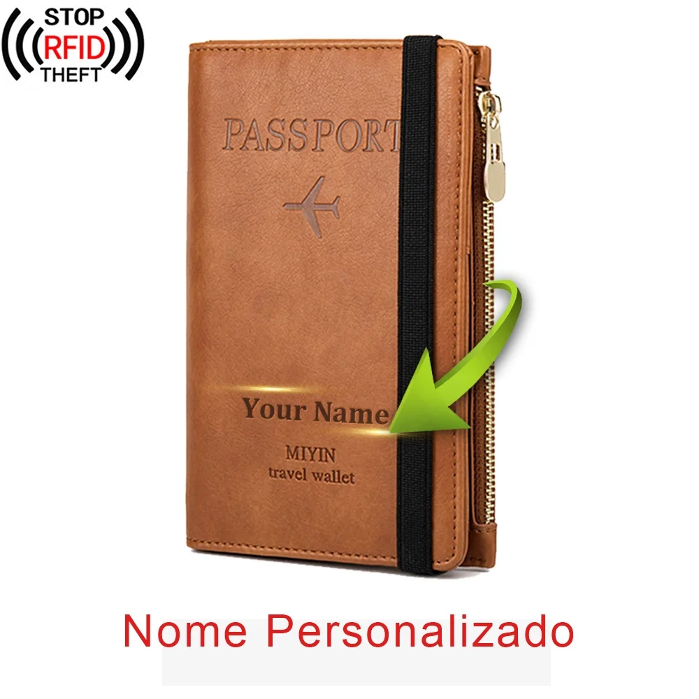 Portafoglio vintage da uomo d'affari con testo personalizzato, nome inciso, coperture per passaporto da viaggio Rfid, custodia multifunzione per porta carte di credito