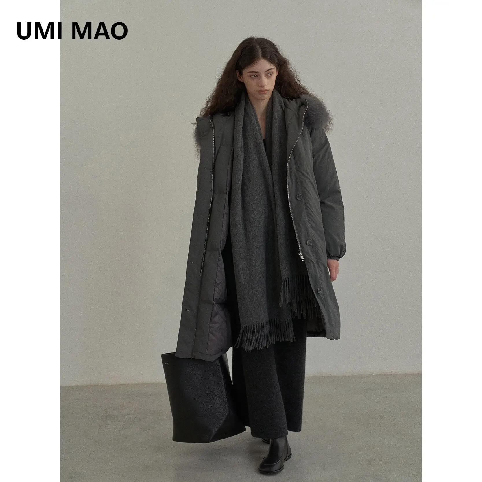 

UMI MAO Big Fur Collar Down Jacket Autumn And Winter New Product Hooded Warm Loose Long 90 White Duck Down Jacket Femme Y2K