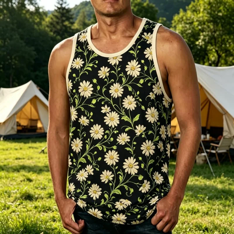 Men's Vintage Floral and Botanical Printed Sleeveless Tank Tops,  for Outdoor Activities, Camping Events & Street Casual Looks