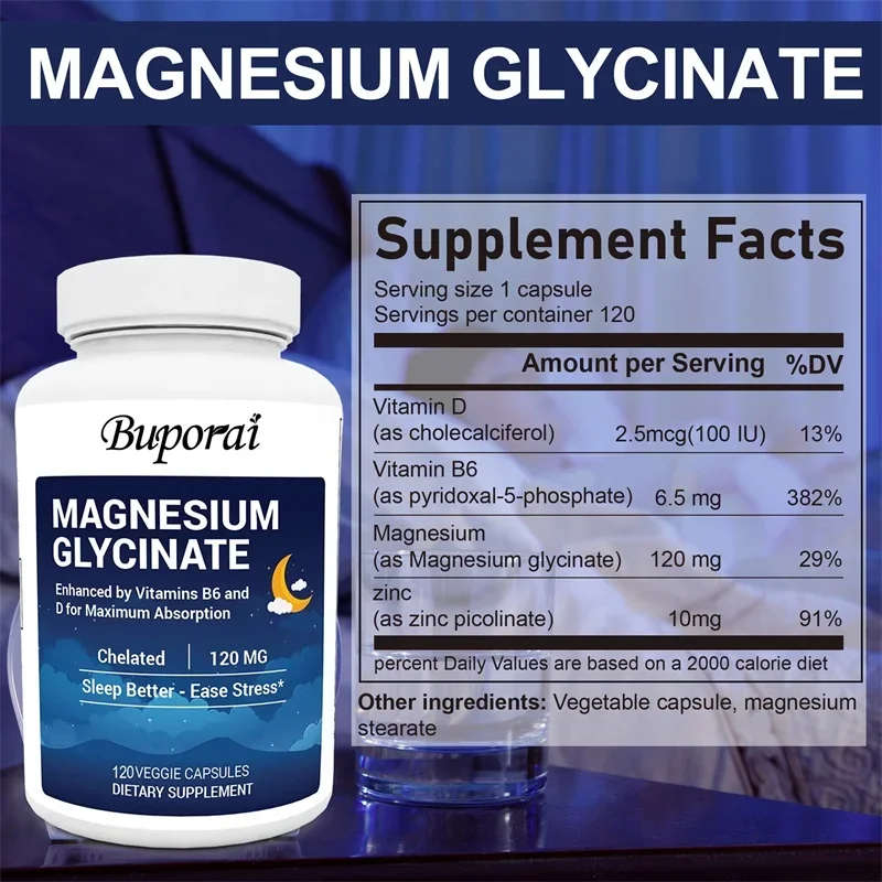Magnesium Glycinate 120mg Capsule Zinc Vitamin D3 B6 for Muscle, Joint, Nerve Sleep Quality, Anxiety Stress Mood Health