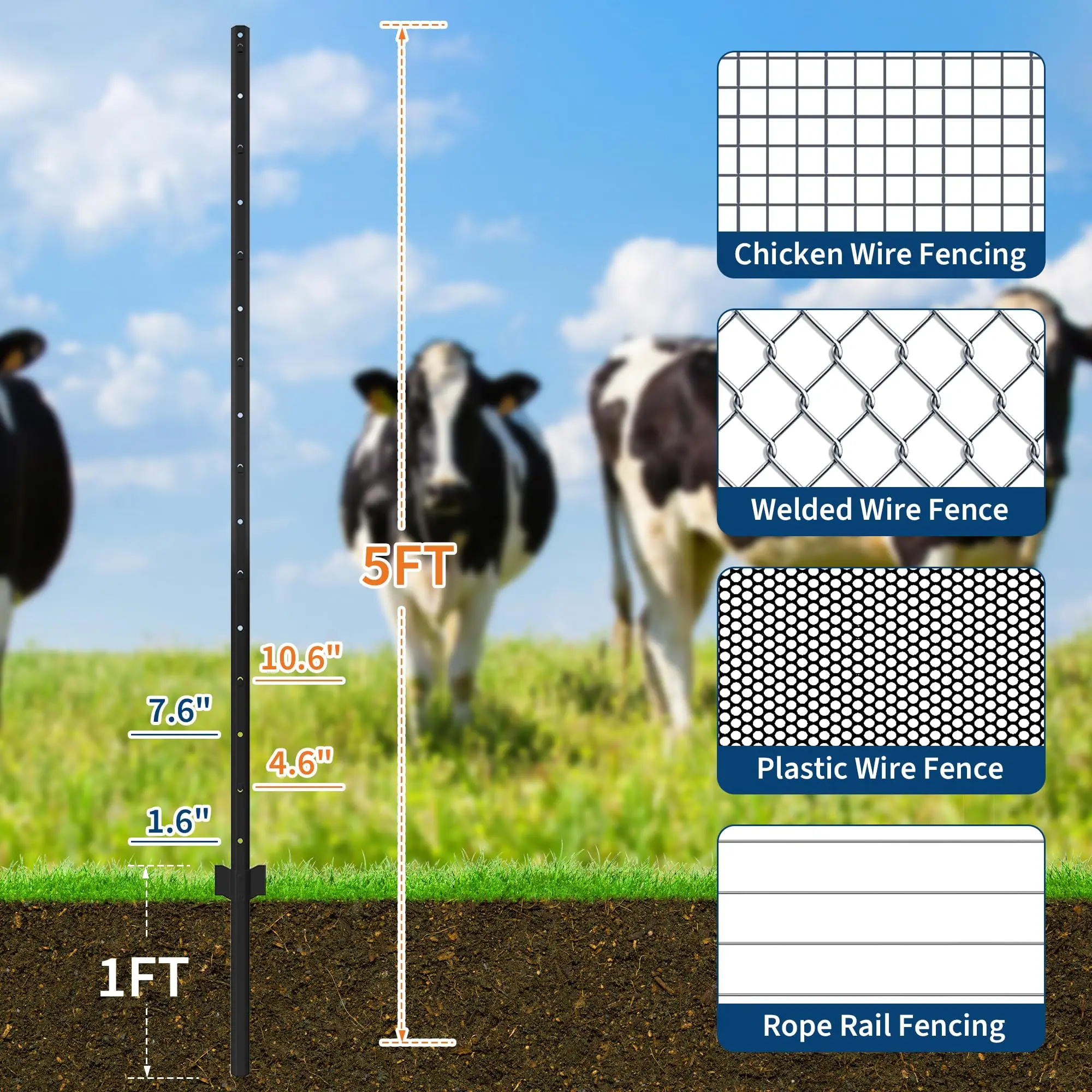 Garvee 10 Pack Metal Fence Posts, 5FT Heavy Duty U-Posts for Wire Fence