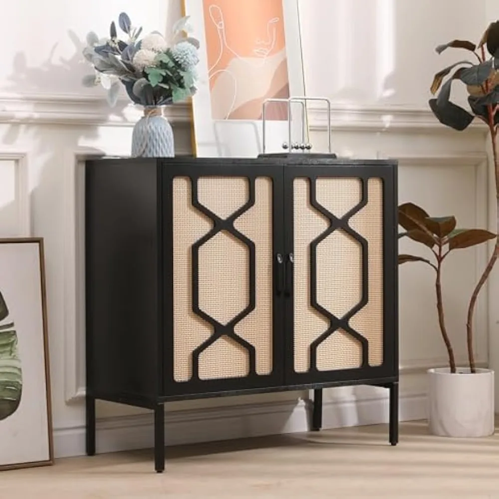 

Sideboard Buffet Kitchen Storage Cabinet,Sideboard Cabinet with 2 Rattan Doors,Buffet Cabinet with Storage,Modern Black