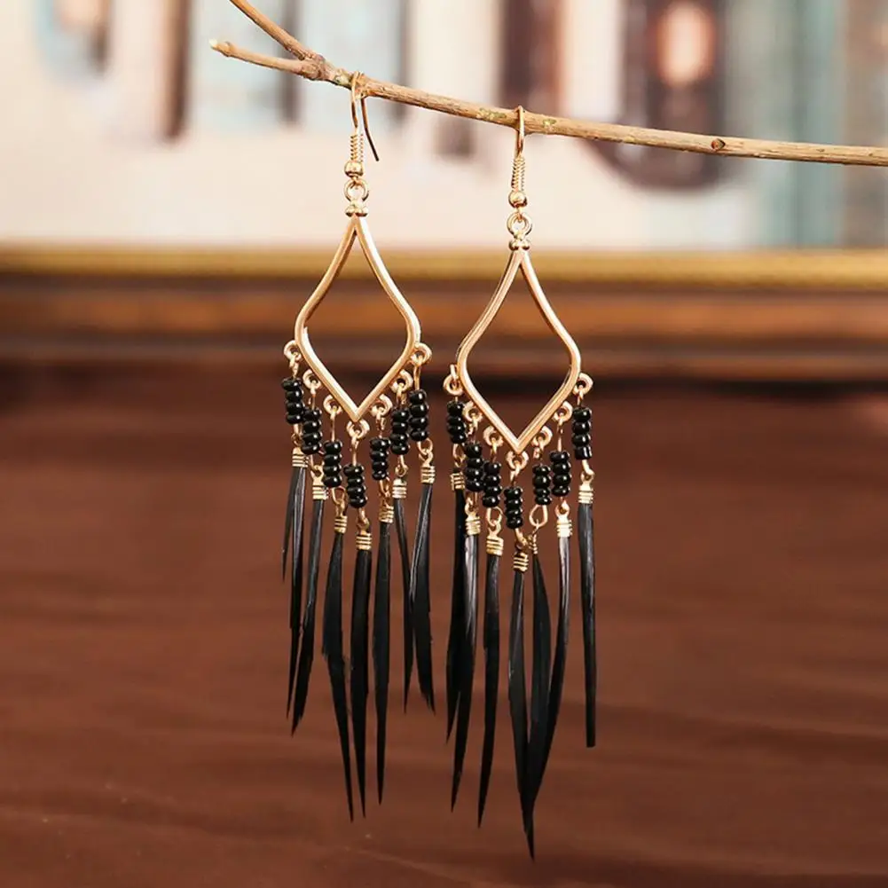 

1 Pair Retro Bohemia Women Hook Earrings Beads Feather Tassel Geometric Drop Earrings Ethnic Style Dangle Earrings Jewelry