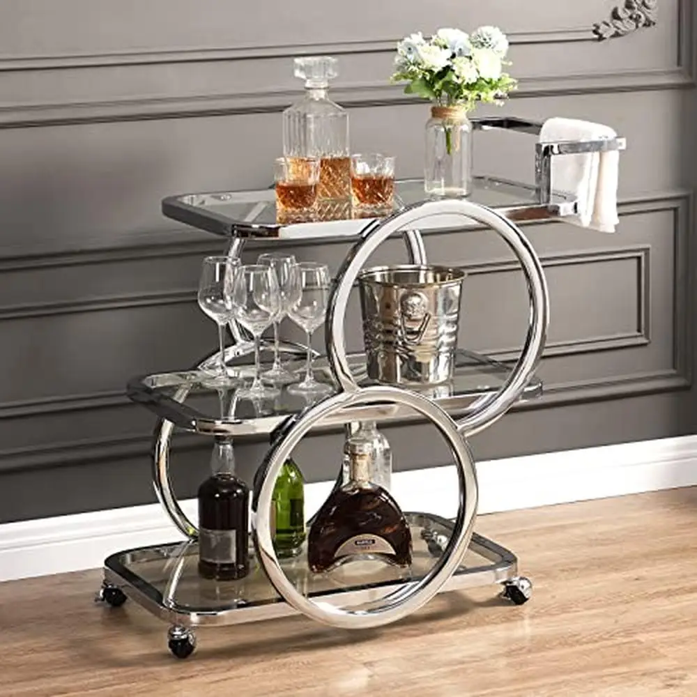 3 Tier Rolling Beverage Bar Cart Tempered Glass Shelves Chrome Frame Kitchen Serving Storage Cart on Wheels Mobile Dining Room